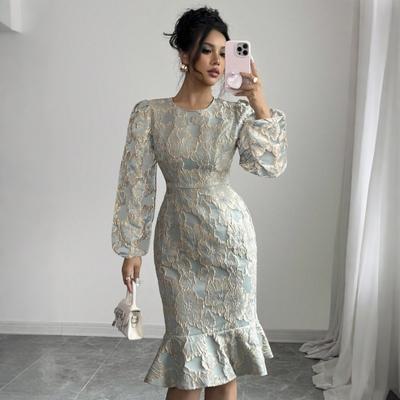 Vestido Estampado, Mangas de Farol, Cola de Pez, Cuello Redondo, Vestido Largo Elegante y Adelgazante