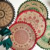 Christmas Retro Jute Placemat Round Printed Woven Dining Table Mat with Wool Ball Heat-Resistant Home Decorative Coffee Cup Mats