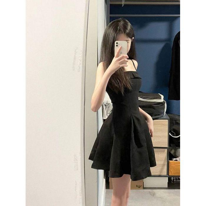 

TREND French Black Slip Dress - Women s 2025 Summer Slimming Pleated Mini Skirt S (recommended under 45 kg) чёрный