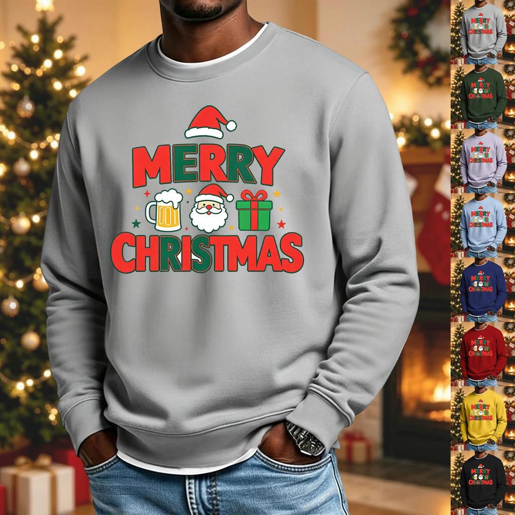 Men's Loose Fit Casual Neck Long Sleeve Christmas Print Top for Holiday Celebrations