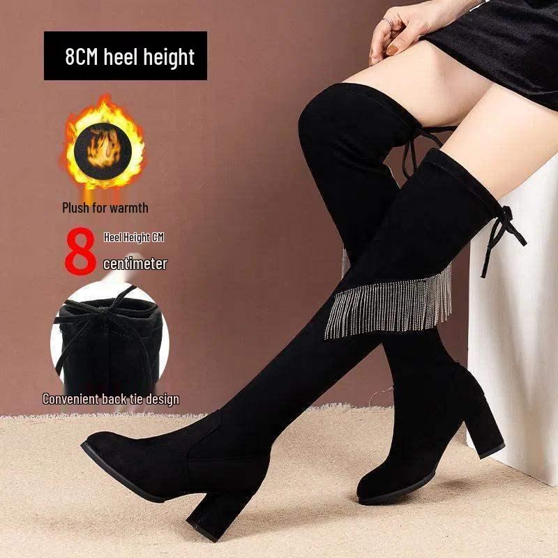 Damen Strass Quaste Wildleder Overknee Stiefel - Herbst 2025 Slim Fit Blockabsatz Hoher Schaft Stiefel