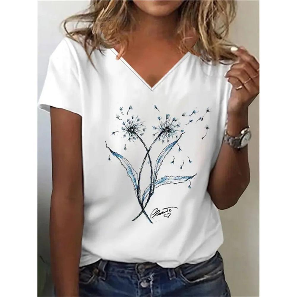 New Women T-shirt Simple Graphic Print Oversized Women's Trending Clothing Fashion Short Sleeve Shirt Women V-Neck Blouse 2024