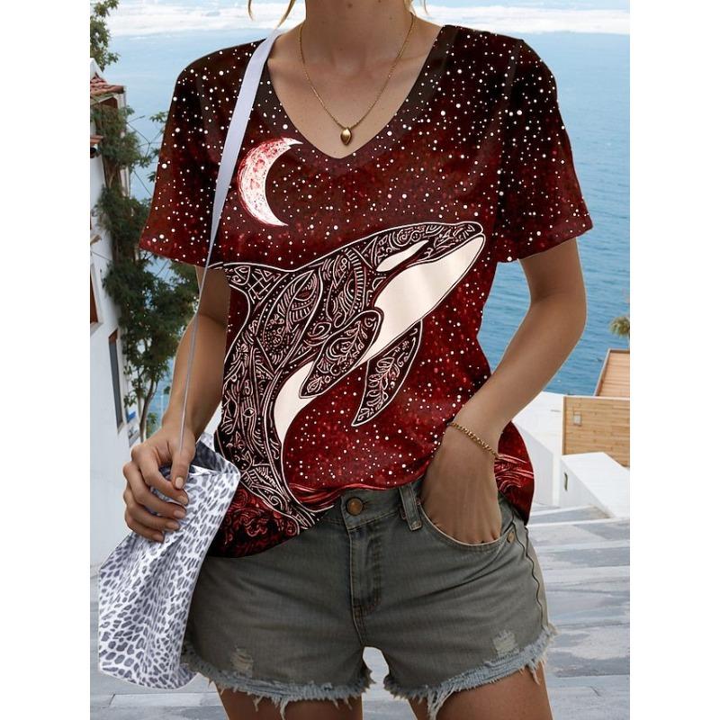 

Женский топ с коротким рукавом с 3D цифровой печатью «Дельфин», летняя футболка с V-образным вырезом 5XL