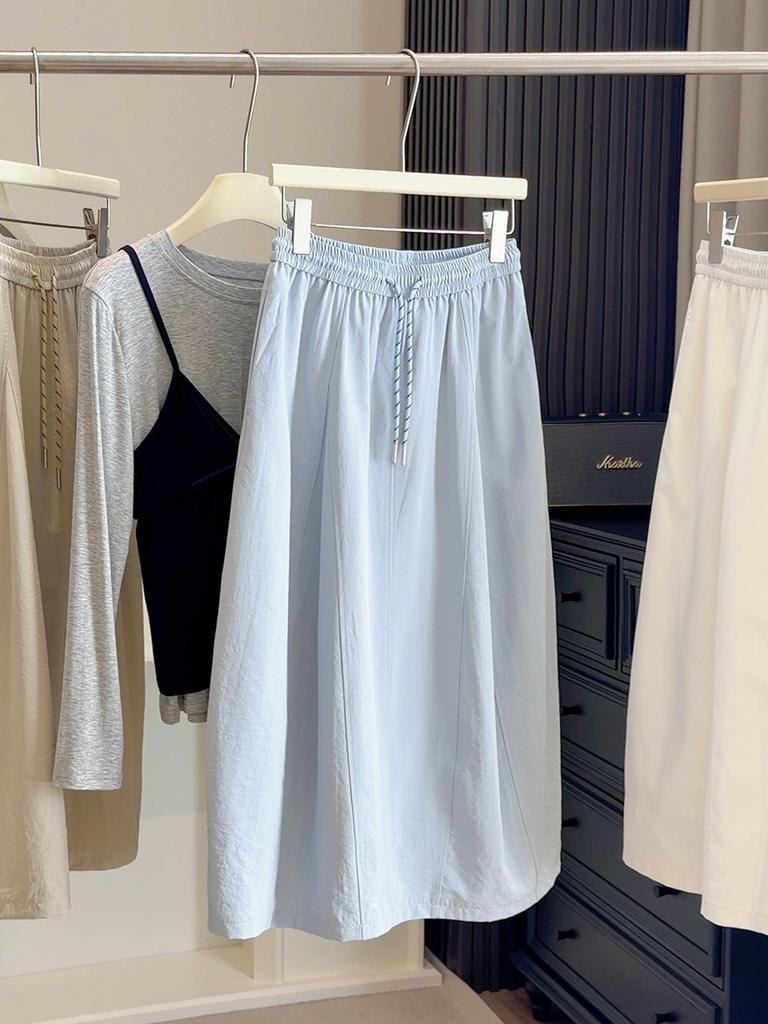 Women's High-Waist Pumpkin Midi Skirt: Solid Color, Elastic Drawstring, Slimming Bud Design, Perfect for Spring