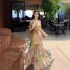 Bohemian Elastic Mesh Yarn Smudge Slim Suspender Dress Temperament Oil Painting Long Dress Seaside Vacation Dress