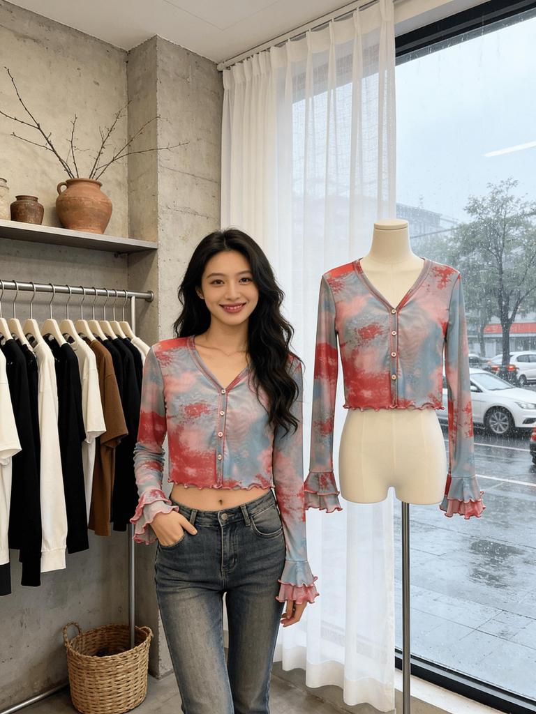 Chic Tie-Dye Ruffled Mesh Long-Sleeve Crop Top - Spring/Autumn Fashion for Women