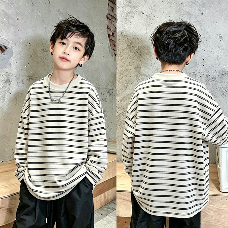 Korean Boys' Cotton Striped Long Sleeve T-shirt - Casual Loose Fit for Spring & Autumn