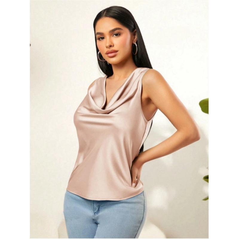 

2025 Лето Новые Атласные Наборные Воротники Женские Майки Однотонные Безрукавки Жилеты Модные Элегантные Свободные Топы Женская Одежда 3429 L шампанского