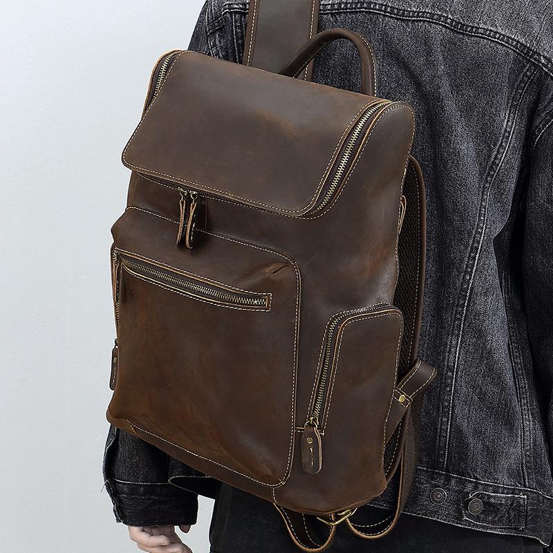 Cowhide Large Capacity Backpack, Men's Personalized Retro Men's Bag, Casual Youth Computer Backpack, Leather Travel Bag, Backpack