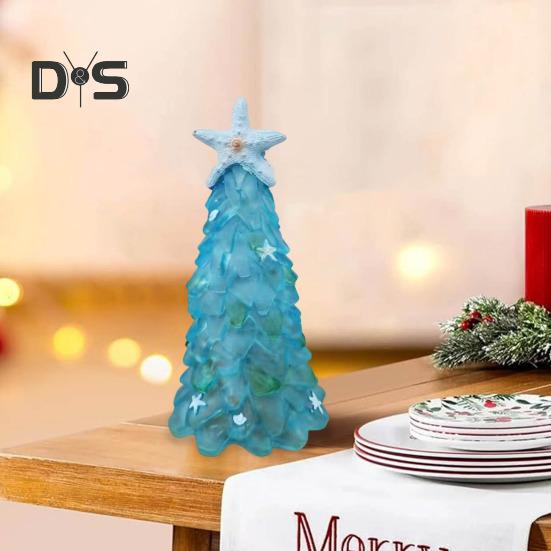 12/15/20CM Seaglass Christmas Tree Decoration Blue Green Sea Glass Starfish Shell Ocean-themed Xmas Tree Figurine Holiday Resin Tree Desktop Ornament