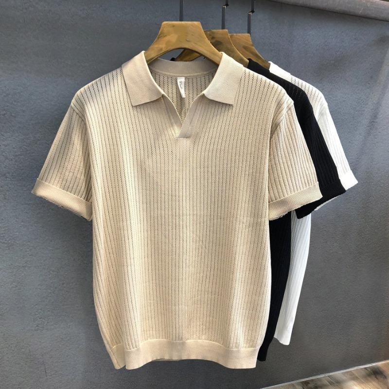 Men S Short Sleeve Hollow Knit Polo Shirt Summer Old Money Style