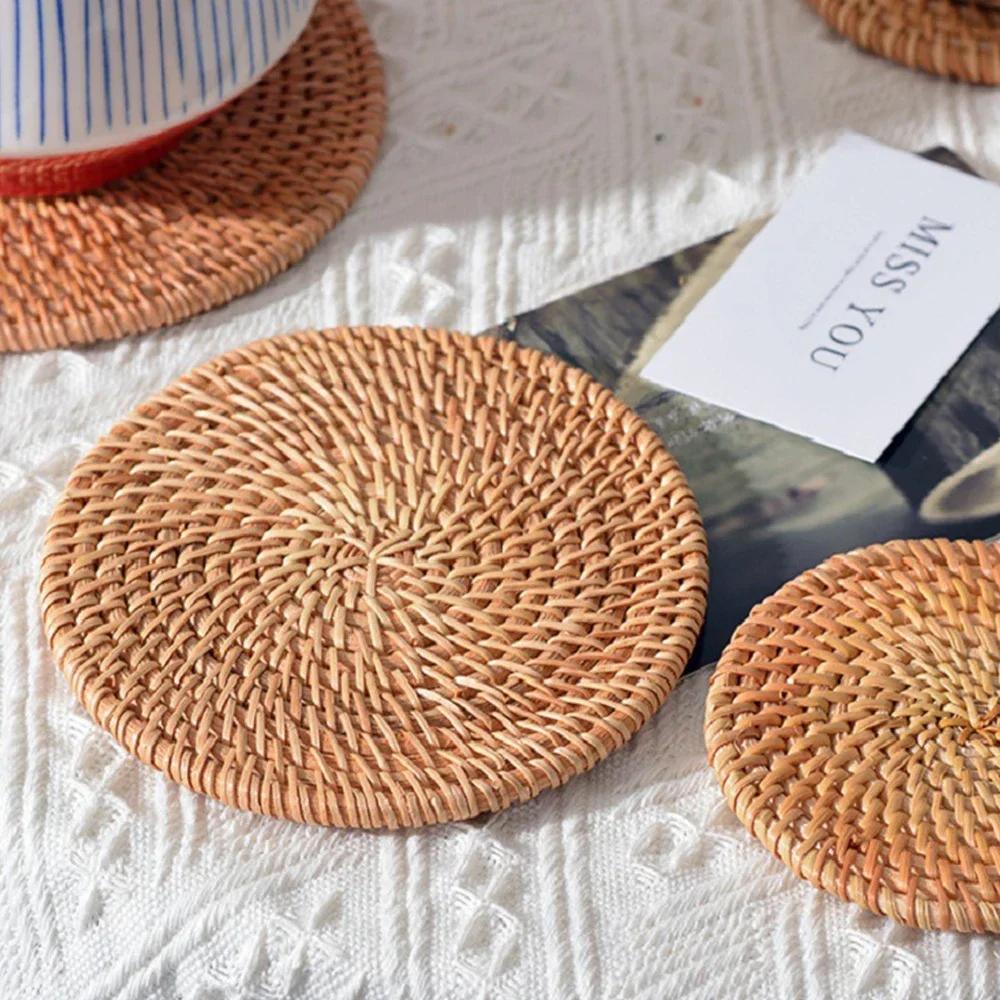 Natural Rattan Woven Placemat Round Table Mat Insulation Coasters Pot Coffee Placemats Pad Anti-Slip Table Mats Handicraft