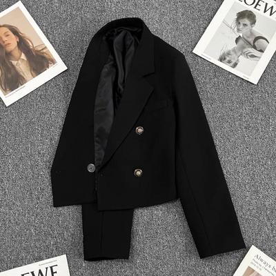 Women's Black Double-Breasted Blazer: 2025 Spring/Autumn Petite High-End Cropped Casual Suit