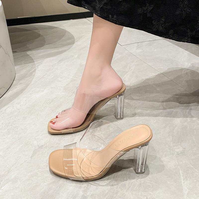 Transparent High Heels Women's Sandals Summer New Square Head Crystal Thick Heel with Fashion Large Size Cool Slippers Outside