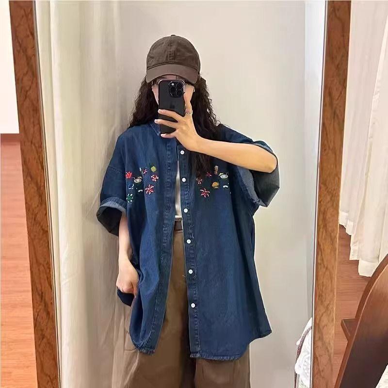 Women's Denim Short Sleeve Shirt Floral Embroidered Loose Fit Vintage Shirts Casual Button Down Comfort Summer Lady Top