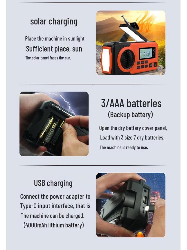 Outdoor Emergency Solar Crank Radio & Multi-Function Flashlight Power Bank