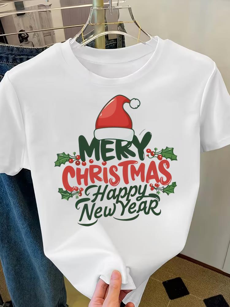 (Asian Size) style truck trend Merry Christmas Short Sleeve T-shirts Women's Top O-neck T Shirt Print Fashion Casual New Year Clothing Graphic Tee