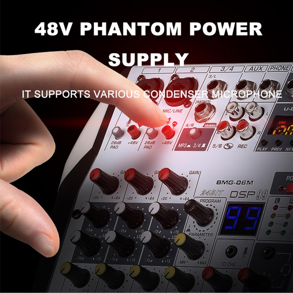 BOMGE 6 Channel DJ Audio Sound Mixer Professional Soundboard Stereo Recording MP3 USB BT Input 48V Phantom Power 99 DSP