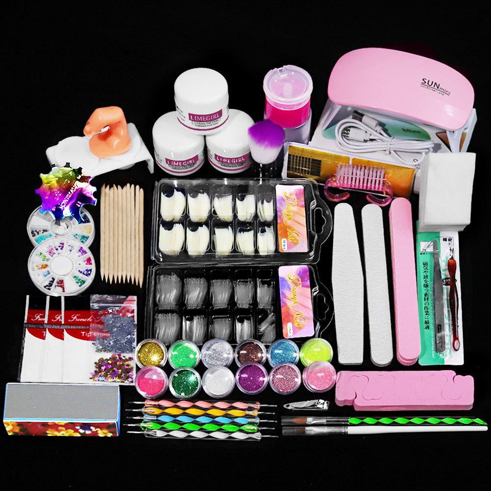3 Colors Acrylic Powder Set with Nail Lamp Kit, Glitter Dipping Powder & Nail Art Tools, Quick Dry Long Lasting