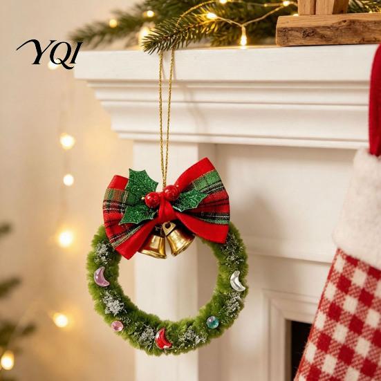 Christmas Atmosphere Decorations Mini Wreath Ornament, Hanging Decoration with Plaid Bow And Festive Door Ornaments Metal Bells, Handmade Plush