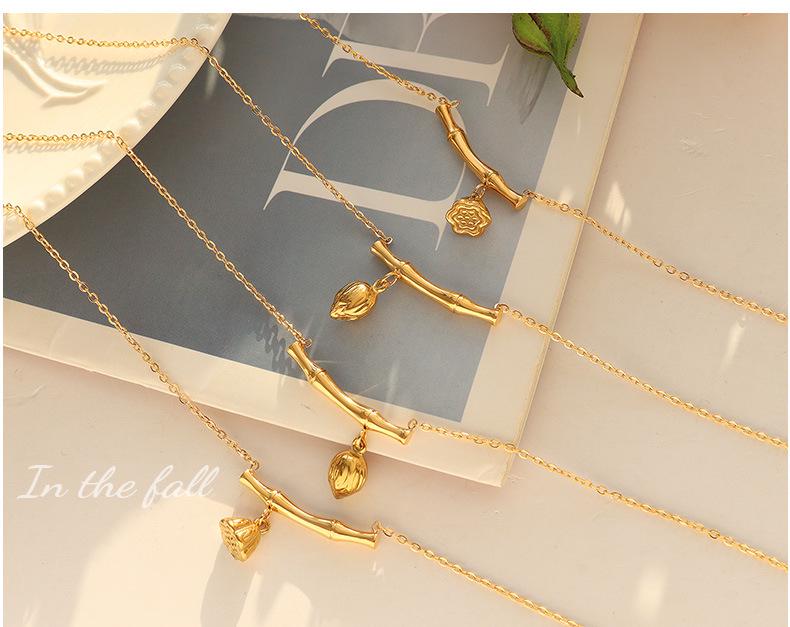 18K Gold Plated Bamboo Lotus Pod Pendant Necklace - European & American Niche Design, Personalized Titanium Steel Jewelry