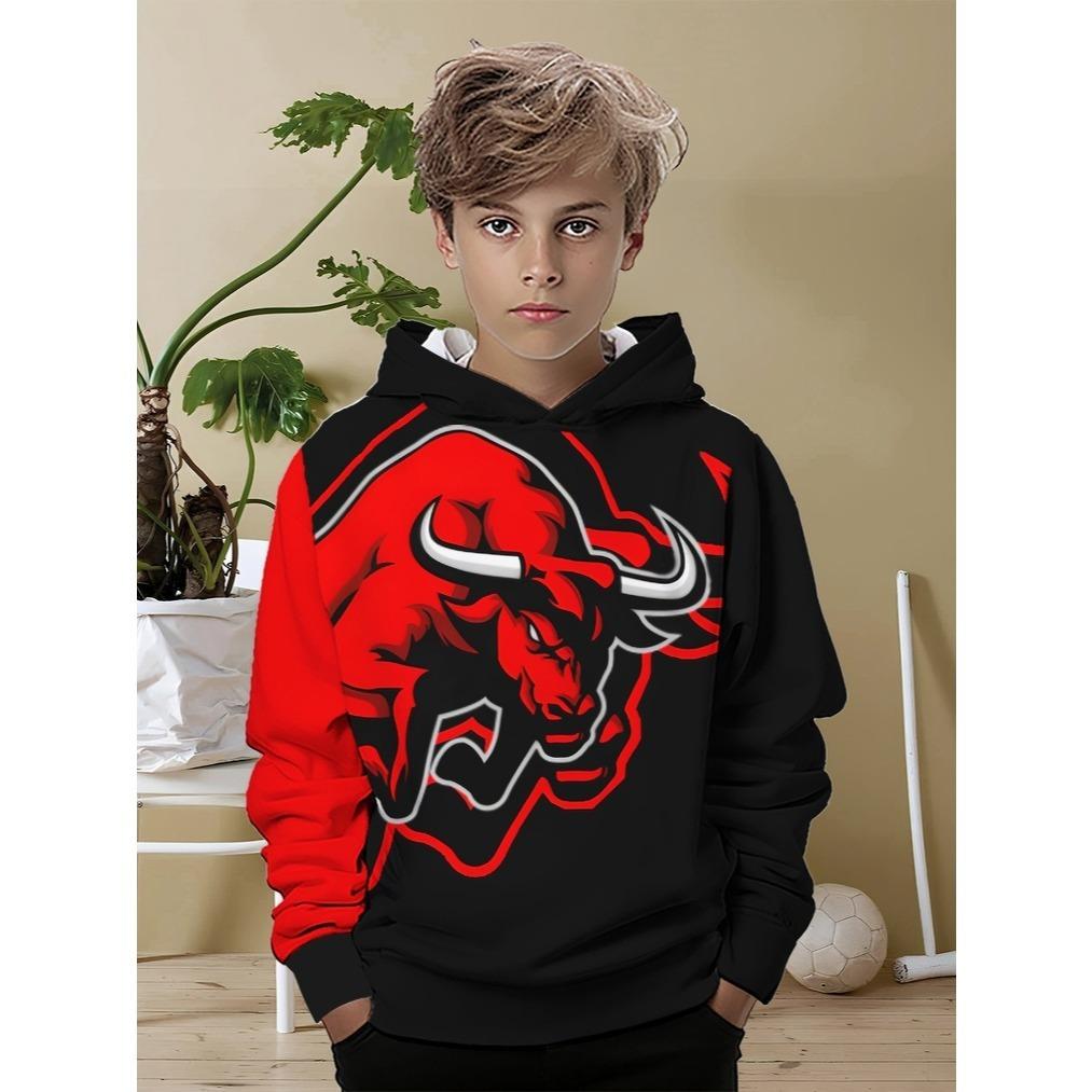 Boys' 3D Printed Casual Hoodie - Red and Black Pattern Long Sleeve Hoodie, Spring and Autumn Regular Edition