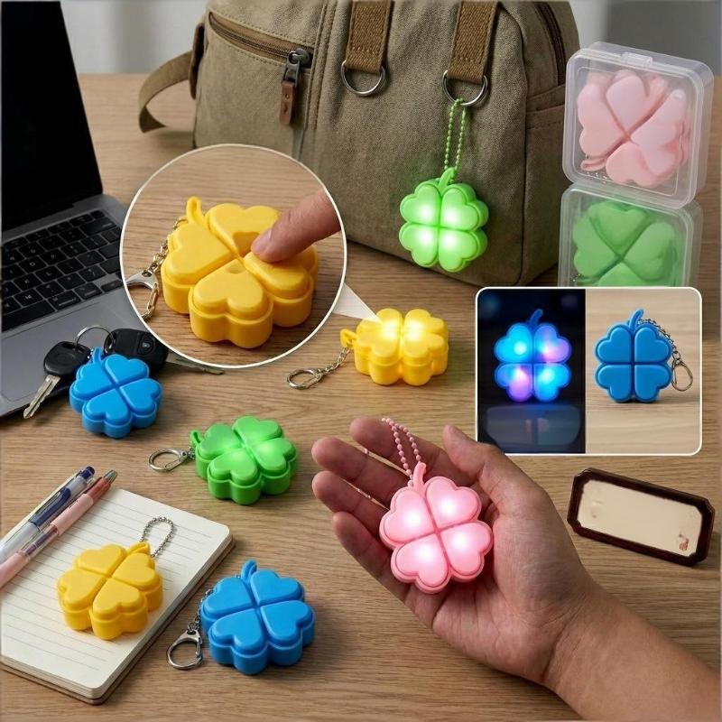 Four Leaf Clover LED Keychain Clickable Stress Relief Toy Backpack Pendant for Kids Birthday Return Gifts