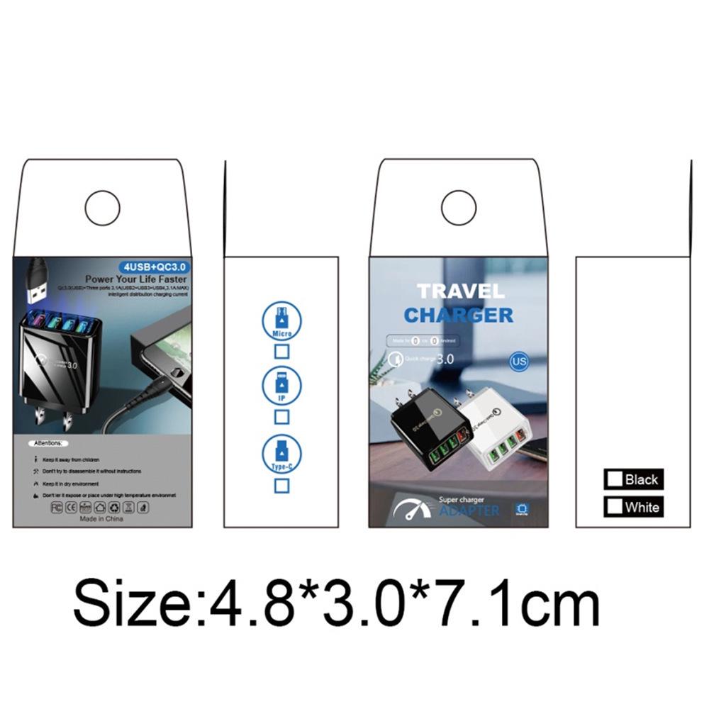 4-Port USB Charger QC3.0 with EU/US/UK Plug, Luminous 9V2A, 5V 30W Fast Charging