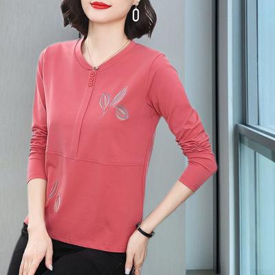 Commute Embroidery T-shirt Casual Round Neck Spring Autumn Long Sleeve Button Loose Pullovers