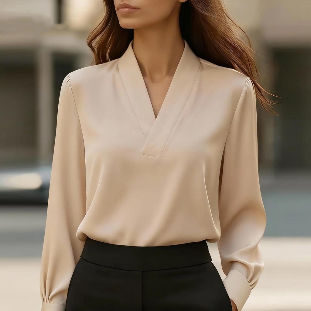 Women's Solid-color Casual And Versatile V-neck Stylish Shirt Top