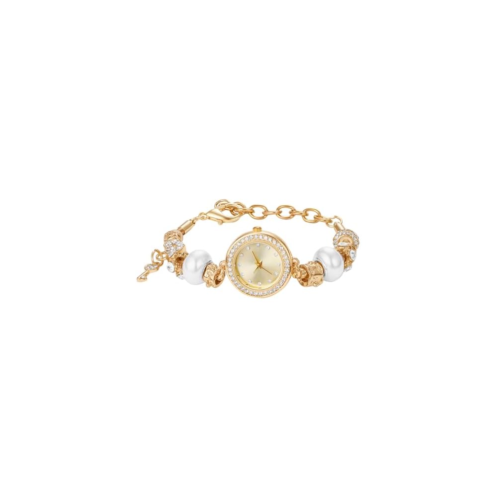Women s Analog Bracelet Watch Gold Stainless Steel with Rhinestones and Pearl Fashion Accessories