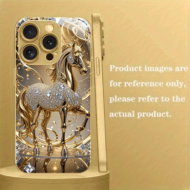 Luxury Diamond Horse Pattern Gold Metallic Paint Glass Phone Case For iPhone 17 16 15 14 13 12 11 Pro Max Plus 17 Air 16E Cover