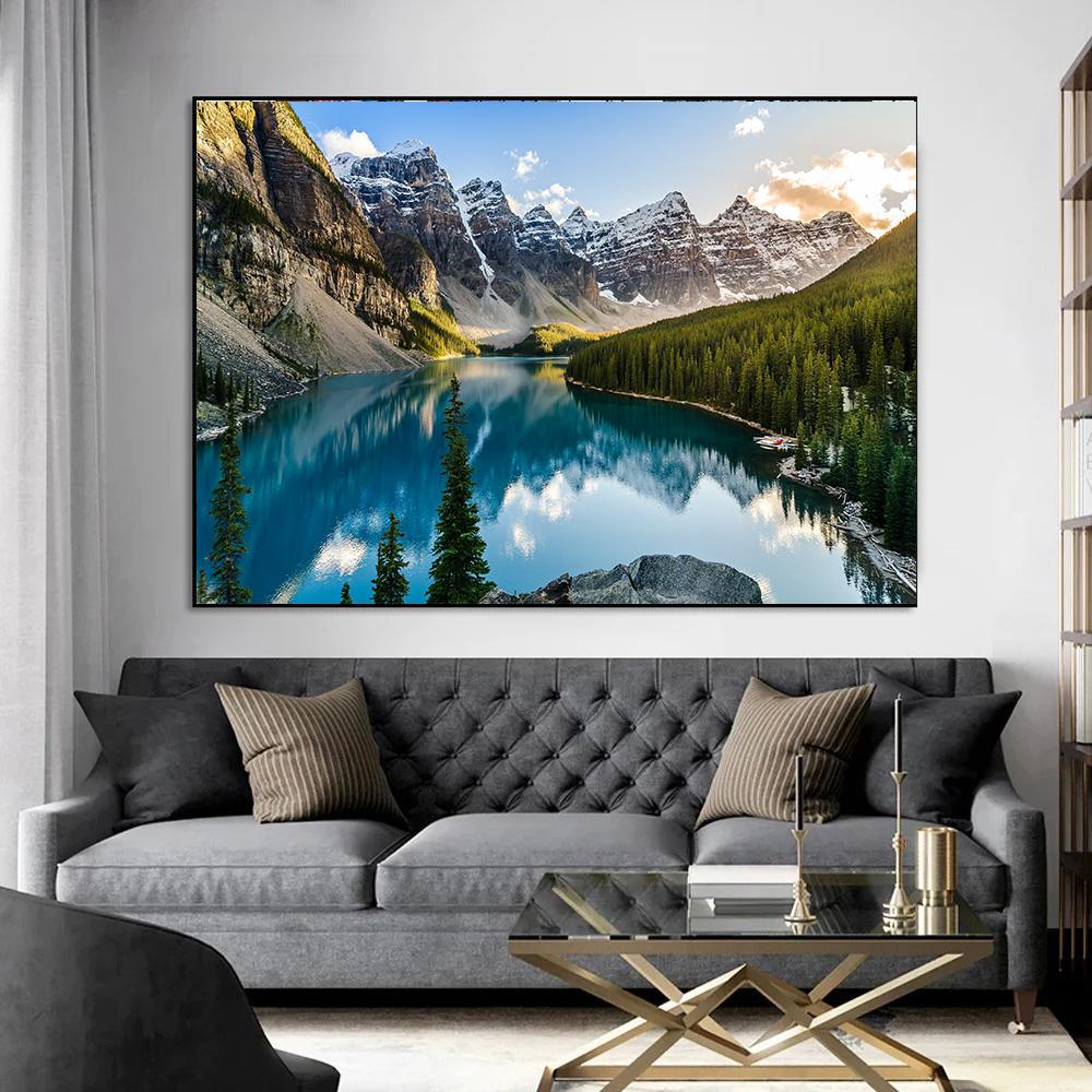 Landschap Canvas Schilderij, Meer Bos Berglandschap Schilderij Muurkunst Decor Posters Voor Woonkamer Slaapkamer Prints Afbeelding