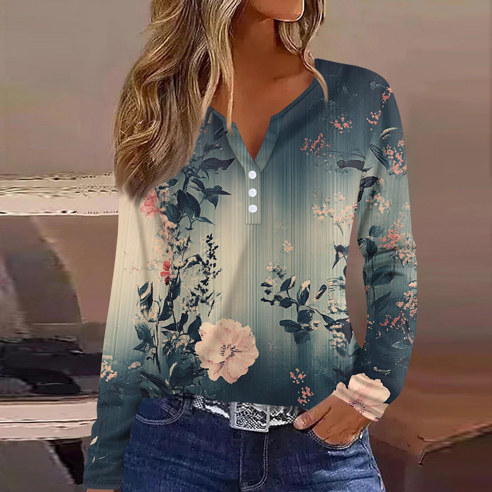 Жен. Футболка Футболка С принтом Пуговицы Длинный рукав Повседневные Выходные Мода — фото 11