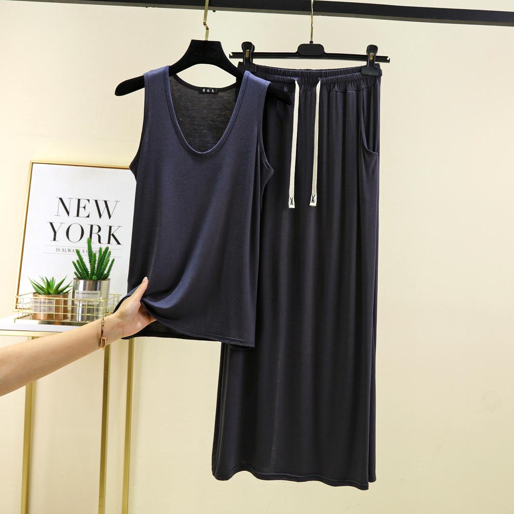 Modal Tanktops mit tiefem U-Ausschnitt und langer Rock Einfarbig Homewear 2-teiliges Set Locker Lässige Kleidersets Damen-Set