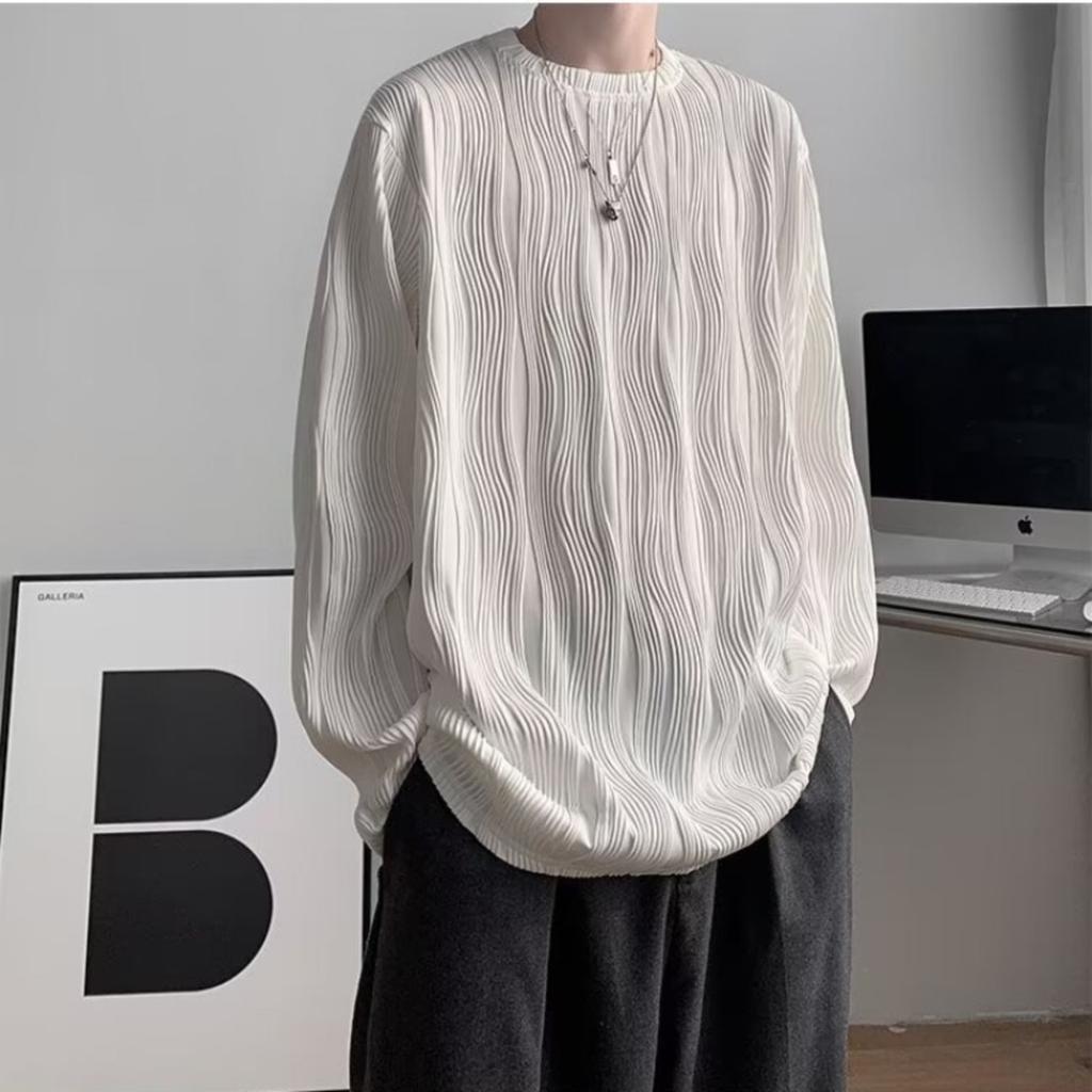 Long,sleeved T,shirt For Men, Korean, Loose,fit Top With Textured Pleats, Elegant Round Neck Pullover, Casual Menswear, Trendy