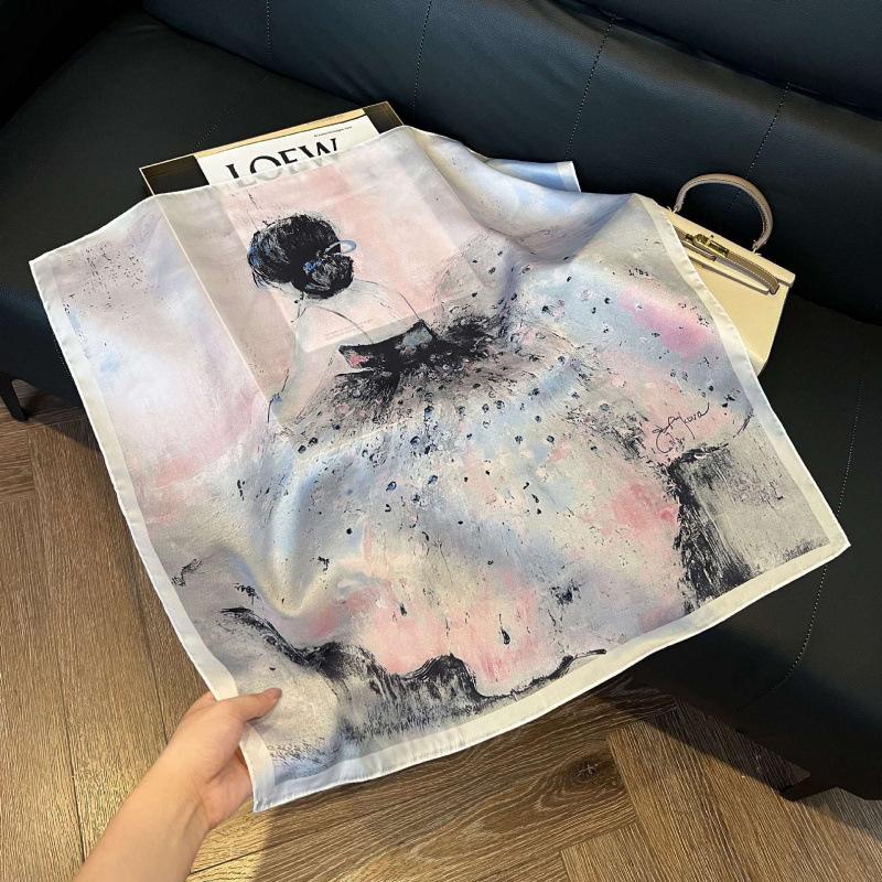 Fashion Black and White Printing Temperament Square Scarf Imitation Silk Korean Version Decorative Scarf Scarf Professional Decorative Shawl Silk Scar