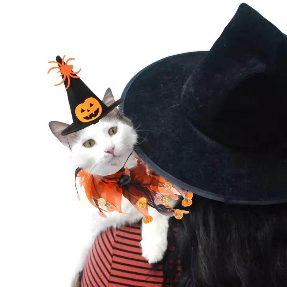 Adjustable Halloween Cat Costume Pumpkin Pet Halloween Supplies Cat Collar Hat Set  Halloween Party