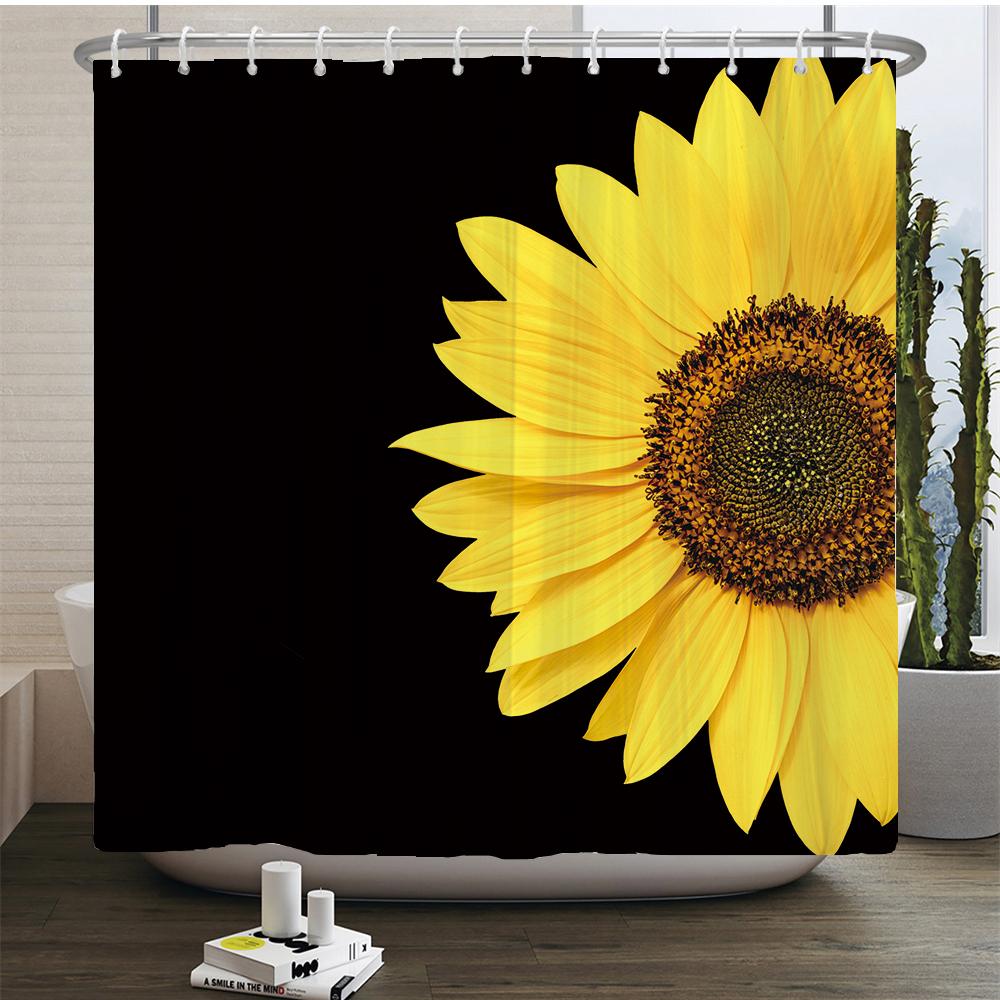 Magic Sunflower Butterfly Shower Curtain Sets Black Yellow Art Country Flower Bathroom Decor Curtains Bath Mats Rug Toilet Cover