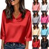 Womens 3/4 Length Sleeves Shirts V-Neck Satin Color Loose Dressy Trendy T-Shirt Pullover Blouse Tops