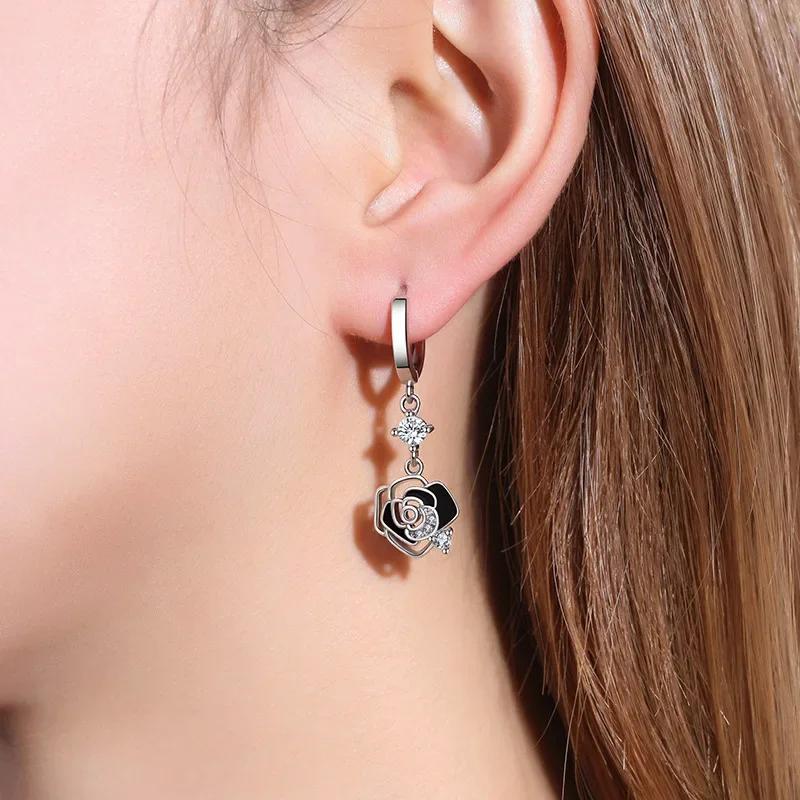 New Trendy 925 Silver Earrings For Women Vintage Black Hollow Rose Flower Ear Jewelry Lady Anniversary Accessories