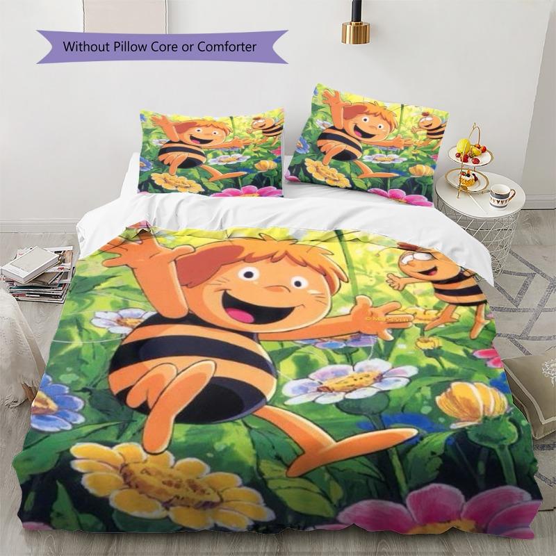 Cute Cartoon Bee and Garden Floral Print 3-Piece Duvet Cover Set – Soft Kids' Bedding for Bedroom Decor