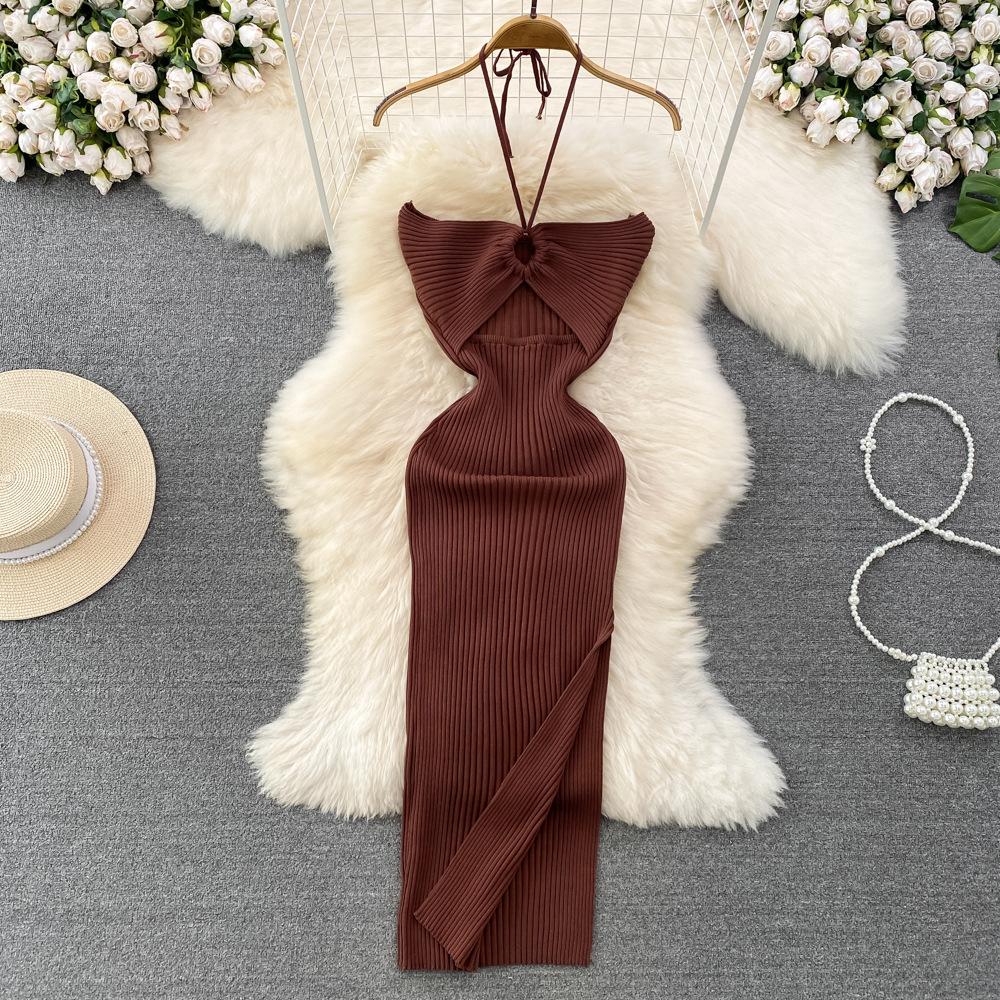 Summer Women's Dress Celebrity Temperament Hanging Neck Hollowed Tight Slim Backless Sleeveless Medium-length Split Package Hip Knit Bottom Dress