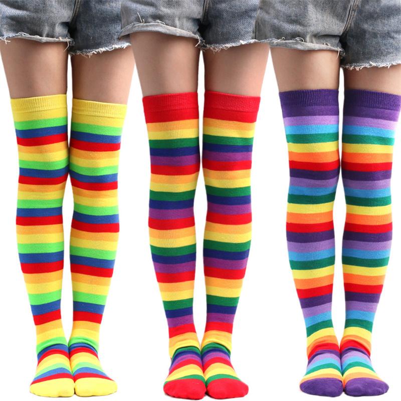 Boven 12 Jaar Nieuwjaar Kerstmis Cosplay Feest Sokken Boven de Knie Regenboog Gestreept Gebreide Lange Sokken voor Grote Meisjes Vrouwen