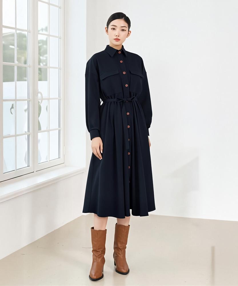 LBYL Navy Shirt Flare Long Dress
