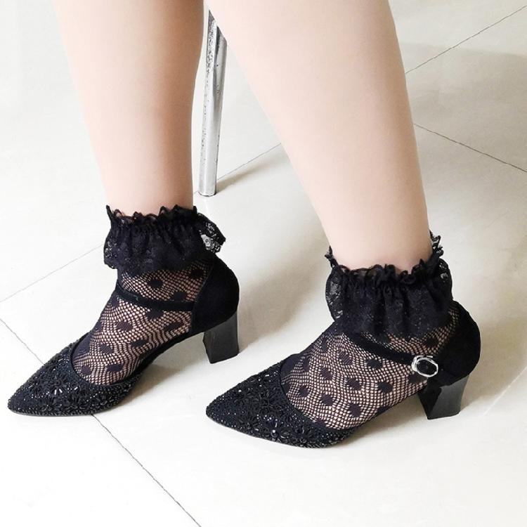 Fischernetz-Netz-Socken für Damen Schwarz Knöchelsocken Ausgeschnitten Geometrisches Muster Rüschen Spitzbesatz Kurze Socken für Kleider Strumpfwaren