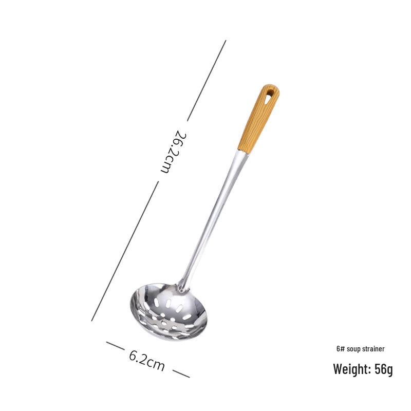 201 Stainless Steel Wood Grain Long Handle Soup Ladle Colander for Hot Pot, Household & Restaurant Kitchen Serving Spoon