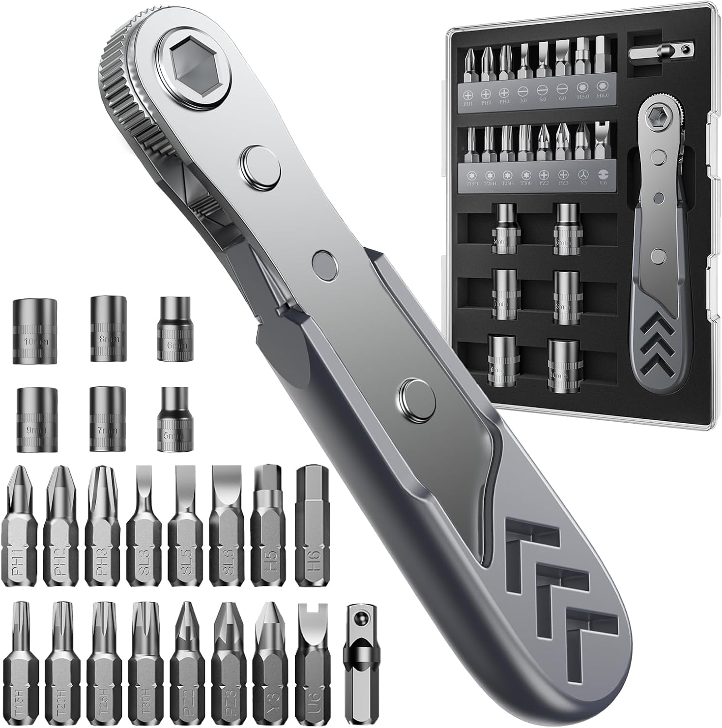 23-in-1 Right Angle Ratcheting Screwdriver Set with 36-Tooth Mini Ratchet Wrench Magnetic Offset Screwdriver for Repair