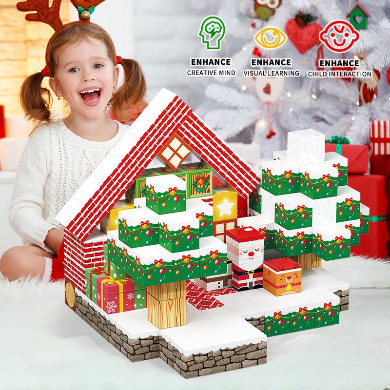 Weihnachten Magnetisches Baustein-Set Niedliche Magnetwürfel Konstruktionsset STEM Montessori Sensorisches Spielzeug für Kinder Neujahrsgeschenk