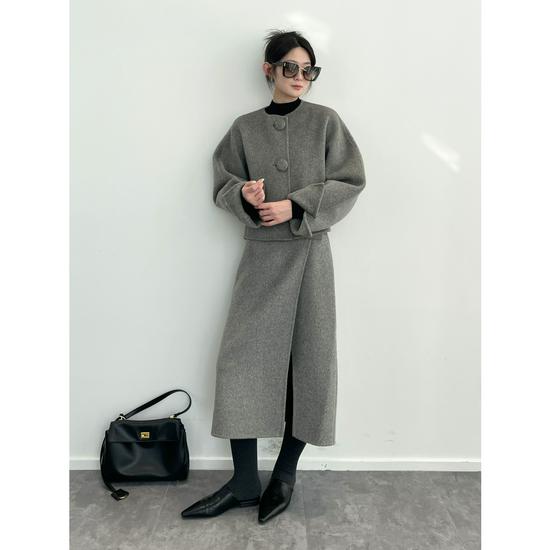 Southern Fish Women's Wool Short Coat & Slit Midi Skirt Set - Dyed & Degreased, Round Neck 
